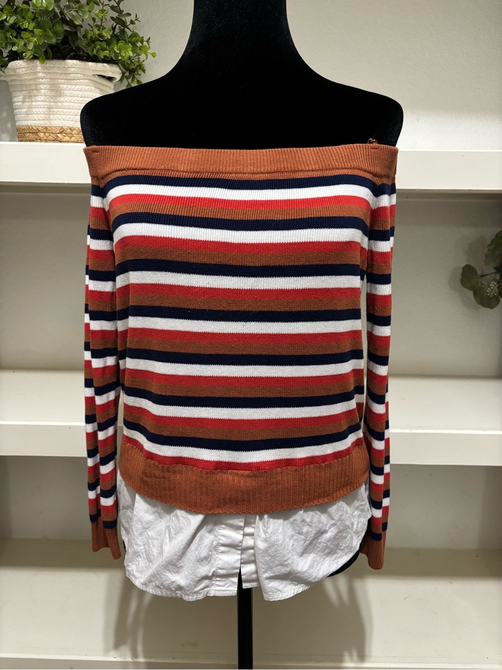 English Factory Striped Off-Shoulder Sweater in Rust, Navy & White